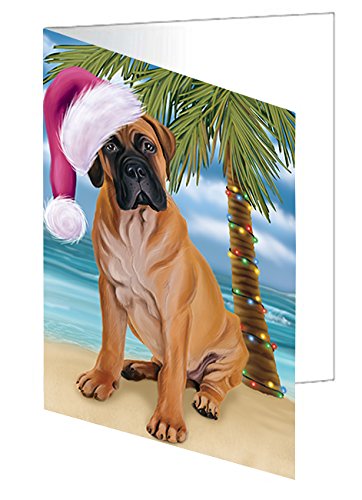 Summertime Christmas Happy Holidays Bullmastiff Dog on Beach Handmade Artwork Assorted Pets Greeting Cards and Note Cards with Envelopes for All Occasions and Holiday Seasons GCD3110