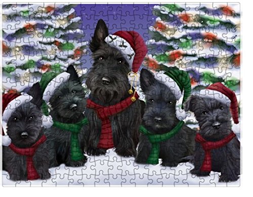 Scottish Terrier Dog Christmas Family Portrait in Holiday Scenic Background Puzzle with Photo Tin D145