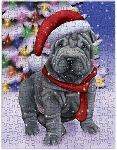 Winterland Wonderland Shar Pei Dog In Christmas Holiday Scenic Background Puzzle with Photo Tin (300 pc.)