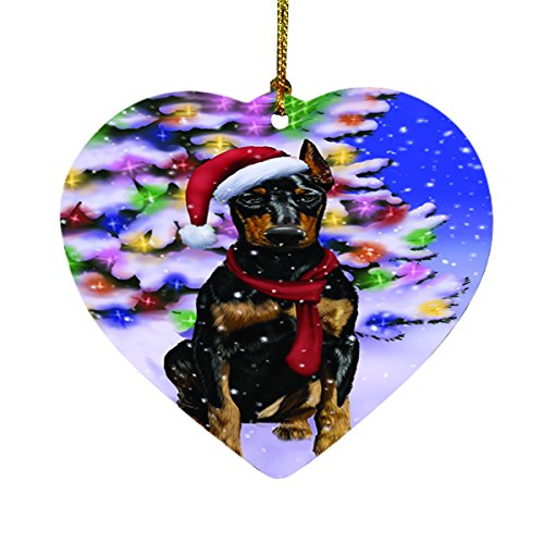 Winterland Wonderland Doberman Dog In Christmas Holiday Scenic Background Heart Ornament D493