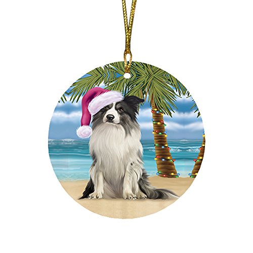 Summertime Border Collie Dog on Beach Christmas Round Flat Ornament POR1612