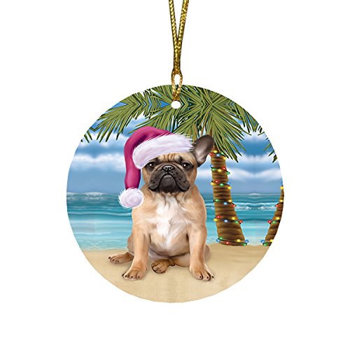 Summertime French Bulldog on Beach Christmas Round Flat Ornament POR1668