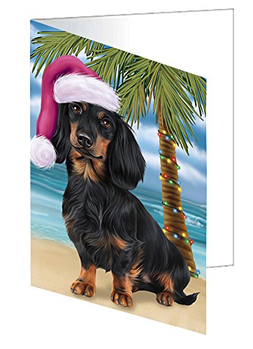 Summertime Happy Holidays Christmas Dachshunds Dog on Tropical Island Beach Handmade Artwork Assorted Pets Greeting Cards and Note Cards with Envelopes for All Occasions and Holiday Seasons D408