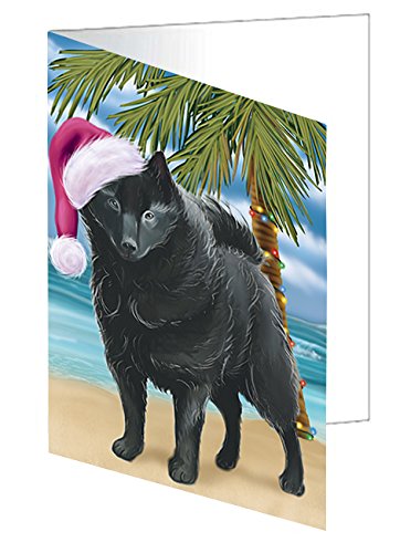 Summertime Christmas Happy Holidays Schipperke Dog on Beach Handmade Artwork Assorted Pets Greeting Cards and Note Cards with Envelopes for All Occasions and Holiday Seasons GCD3205