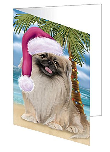Summertime Happy Holidays Christmas Pekingese Dog on Tropical Island Beach Handmade Artwork Assorted Pets Greeting Cards and Note Cards with Envelopes for All Occasions and Holiday Seasons D426