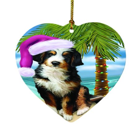 Summertime Happy Holidays Christmas Bernedoodle Dog on Tropical Island Beach Heart Ornament D424