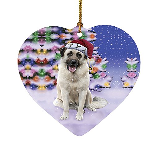Winterland Wonderland Anatolian Shepherds Dog In Christmas Holiday Scenic Background Heart Ornament