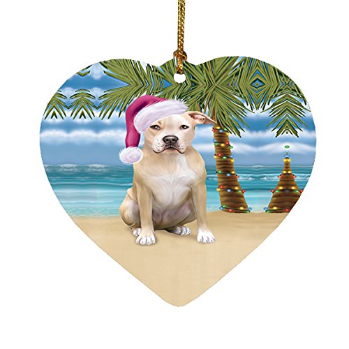 Summertime Pit Bull Dog on Beach Christmas Heart Ornament POR2263