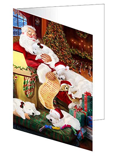 Samoyeds Dog and Puppies Sleeping with Santa Handmade Artwork Assorted Pets Greeting Cards and Note Cards with Envelopes for All Occasions and Holiday Seasons