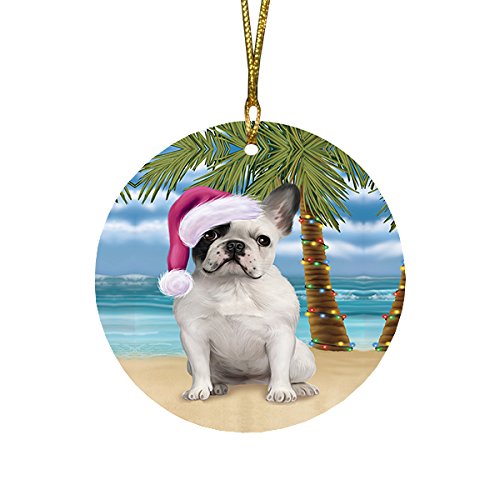 Summertime French Bulldog on Beach Christmas Round Flat Ornament POR1672