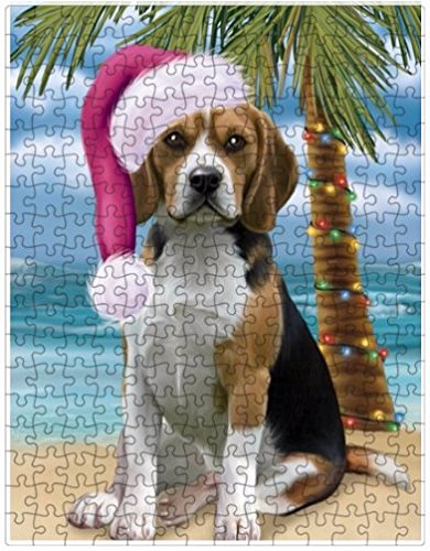 Summertime Happy Holidays Christmas Beagles Dog on Tropical Island Beach Puzzle with Photo Tin