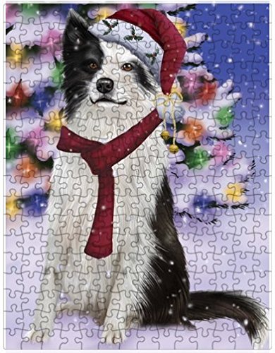 Winterland Wonderland Border Collies Dog In Christmas Holiday Scenic Background Puzzle with Photo Tin