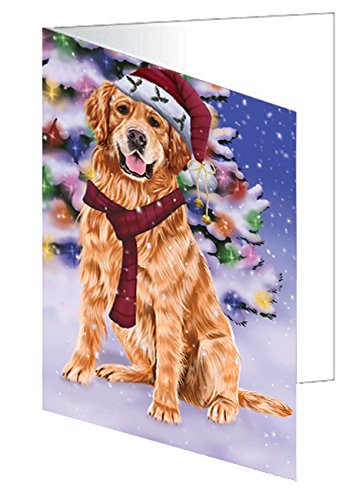Winterland Wonderland Golden Retrievers Dog In Christmas Holiday Scenic Background Handmade Artwork Assorted Pets Greeting Cards and Note Cards with Envelopes for All Occasions and Holiday Seasons