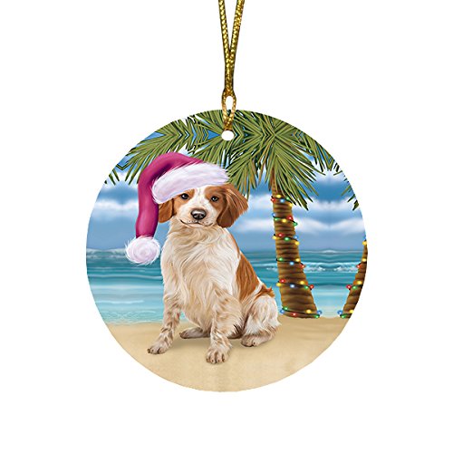 Summertime Christmas Happy Holidays Brittany Spaniel Dog on Beach Round Flat Ornament POR1240