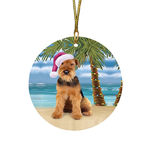 Summertime Airedale Dog on Beach Christmas Round Flat Ornament POR1584