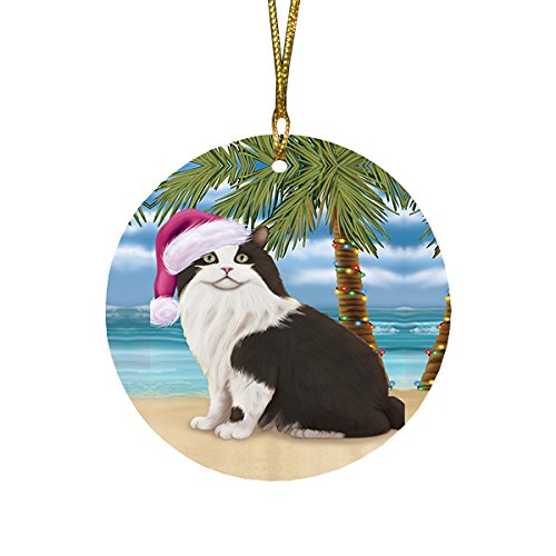 Summertime Cymric Cat on Beach Christmas Round Flat Ornament POR1664
