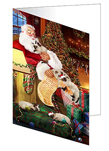 Siamese Cats and Kittens Sleeping with Santa Handmade Artwork Assorted Pets Greeting Cards and Note Cards with Envelopes for All Occasions and Holiday Seasons