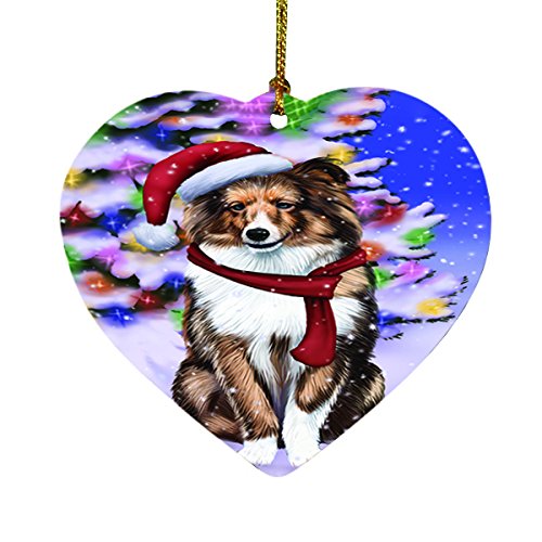 Winterland Wonderland Shetland Dog In Christmas Holiday Scenic Background Heart Ornament D516