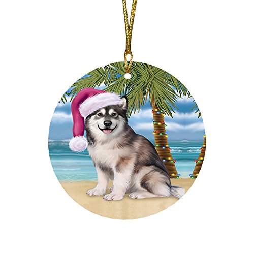 Summertime Christmas Happy Holidays Alaskan Malamute Adult Dog on Beach Round Flat Ornament POR1231