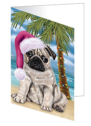 Summertime Happy Holidays Christmas Pugs Dog on Tropical Island Beach Handmade Artwork Assorted Pets Greeting Cards and Note Cards with Envelopes for All Occasions and Holiday Seasons D433