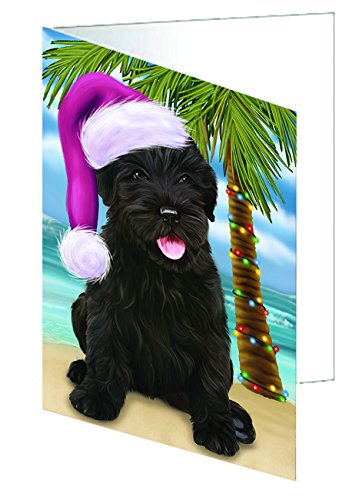 Summertime Happy Holidays Christmas Black Russian Terrier Dog on Tropical Island Beach Handmade Artwork Assorted Pets Greeting Cards and Note Cards with Envelopes for All Occasions and Holiday Seasons