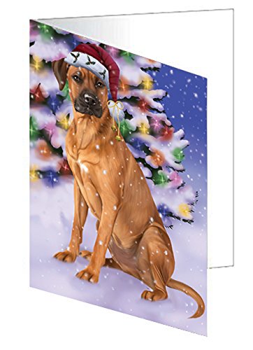 Winterland Wonderland Rhodesian Ridgebacks Dog In Christmas Holiday Scenic Background Handmade Artwork Assorted Pets Greeting Cards and Note Cards with Envelopes for All Occasions and Holiday Seasons