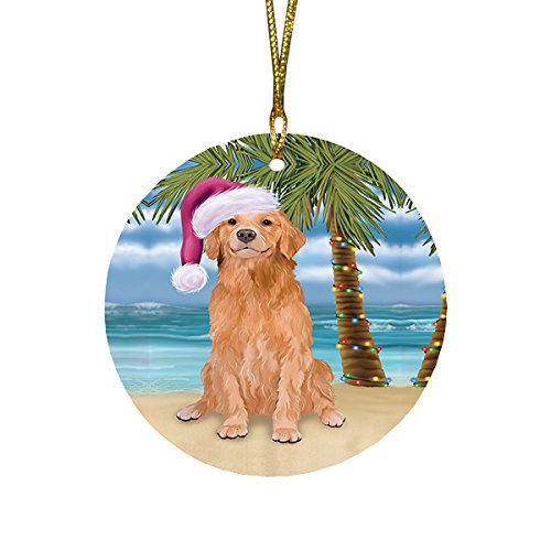 Summertime Golden Retriever Dog on Beach Christmas Round Flat Ornament POR1678