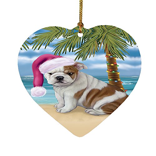 Summertime Happy Holidays Christmas Bulldog Dog on Tropical Island Beach Heart Ornament