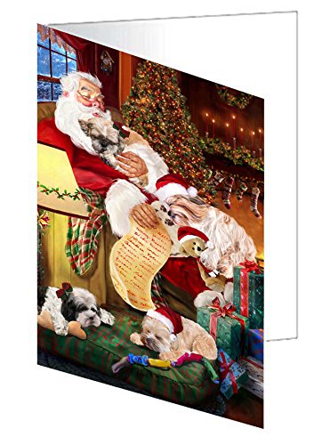 Shih Tzu Dog and Puppies Sleeping with Santa Handmade Artwork Assorted Pets Greeting Cards and Note Cards with Envelopes for All Occasions and Holiday Seasons