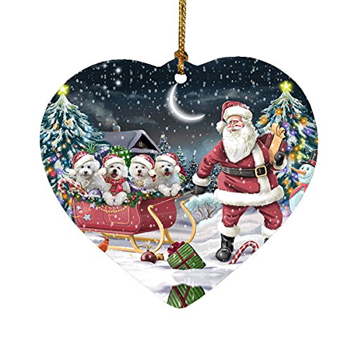 Santa Sled Dogs Bichon Frise Christmas Heart Ornament POR2071