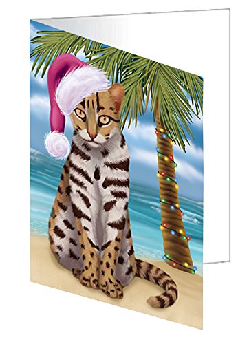 Summertime Christmas Happy Holidays Asian Leopard Cat on Beach Handmade Artwork Assorted Pets Greeting Cards and Note Cards with Envelopes for All Occasions and Holiday Seasons GCD3065