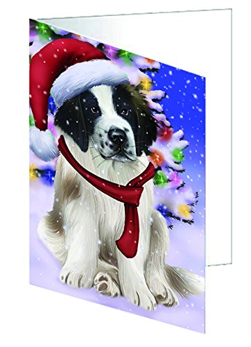 Winterland Wonderland Saint Bernard Dog In Christmas Holiday Scenic Background Handmade Artwork Assorted Pets Greeting Cards and Note Cards with Envelopes for All Occasions and Holiday Seasons