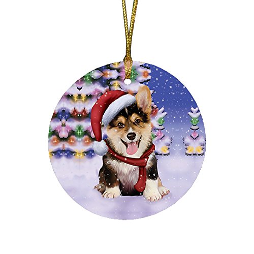 Winterland Wonderland Corgis Puppy Dog In Christmas Holiday Scenic Background Round Ornament