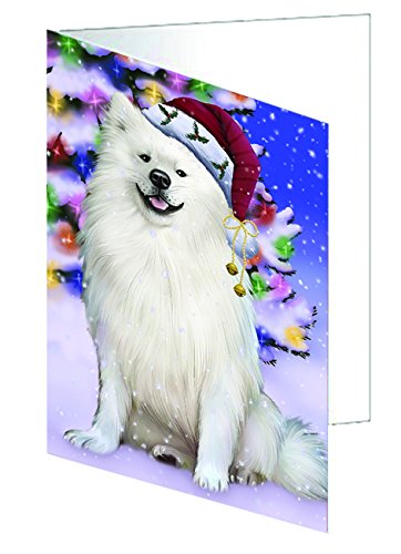 Winterland Wonderland American Eskimo Dog In Christmas Holiday Scenic Background Handmade Artwork Assorted Pets Greeting Cards and Note Cards with Envelopes for All Occasions and Holiday Seasons