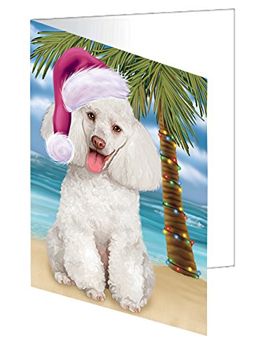 Summertime Christmas Happy Holidays White Poodle Dog on Beach Handmade Artwork Assorted Pets Greeting Cards and Note Cards with Envelopes for All Occasions and Holiday Seasons GCD3260