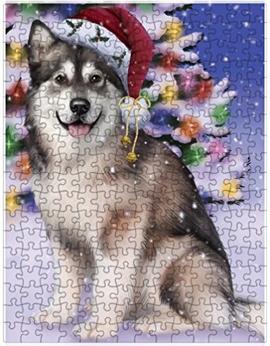 Winterland Wonderland Alaskan Malamute Dog In Christmas Holiday Scenic Background Puzzle with Photo Tin D697
