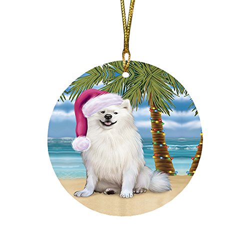 Summertime Christmas Happy Holidays American Eskimo Adult Dog on Beach Round Flat Ornament POR1235