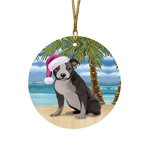 Summertime American Staffordshire Dog on Beach Christmas Round Flat Ornament POR1598