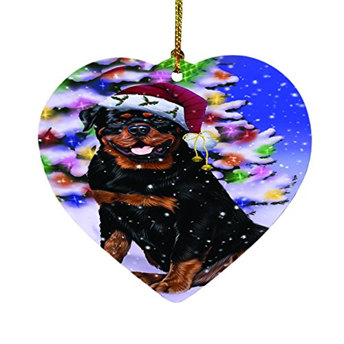 Winterland Wonderland Rottweiler Dog In Christmas Holiday Scenic Background Heart Ornament D511