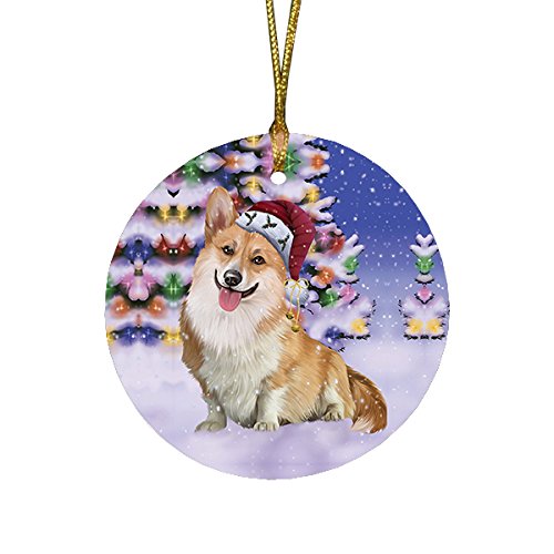 Winterland Wonderland Corgis Dog In Christmas Holiday Scenic Background Round Ornament
