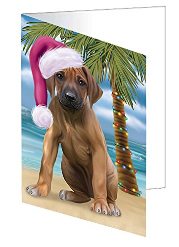 Summertime Happy Holidays Christmas Rhodesian Ridgeback Dog on Tropical Island Beach Handmade Artwork Assorted Pets Greeting Cards and Note Cards with Envelopes for All Occasions and Holiday Seasons D435