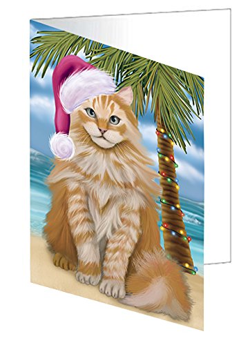 Summertime Christmas Happy Holidays Siberian Cat on Beach Handmade Artwork Assorted Pets Greeting Cards and Note Cards with Envelopes for All Occasions and Holiday Seasons GCD3230
