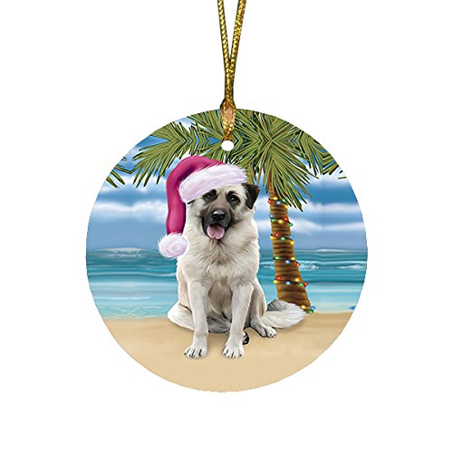 Summertime Happy Holidays Christmas Anatolian Shepherds Dog on Tropical Island Beach Round Ornament