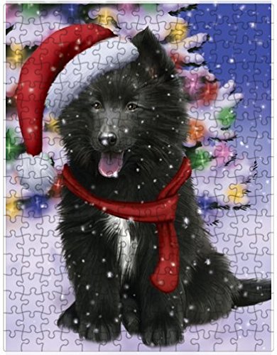 Winterland Wonderland Belgian Shepherds Dog In Christmas Holiday Scenic Background Puzzle with Photo Tin
