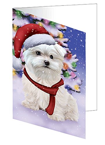 Winterland Wonderland Maltese Puppy Dog In Christmas Holiday Scenic Background Handmade Artwork Assorted Pets Greeting Cards and Note Cards with Envelopes for All Occasions and Holiday Seasons