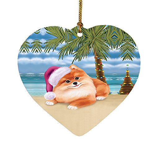 Summertime Pomeranian Dog on Beach Christmas Heart Ornament POR2277