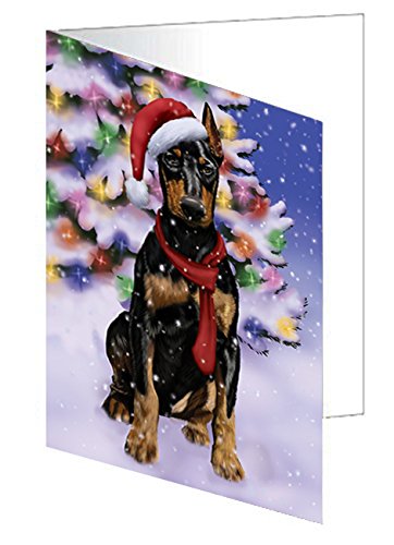 Winterland Wonderland Doberman Dog In Christmas Holiday Scenic Background Handmade Artwork Assorted Pets Greeting Cards and Note Cards with Envelopes for All Occasions and Holiday Seasons