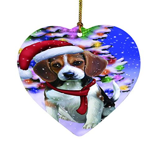 Winterland Wonderland Beagles Dog In Christmas Holiday Scenic Background Heart Ornament D475