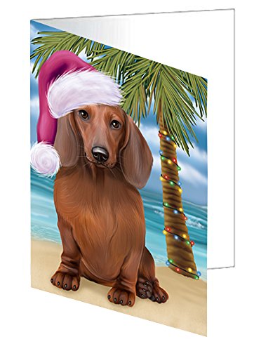 Summertime Christmas Happy Holidays Dachshund Dog on Beach Handmade Artwork Assorted Pets Greeting Cards and Note Cards with Envelopes for All Occasions and Holiday Seasons GCD3140