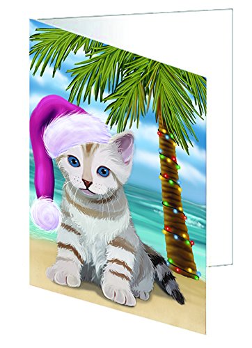Summertime Happy Holidays Christmas Bengal Cat on Tropical Island Beach Handmade Artwork Assorted Pets Greeting Cards and Note Cards with Envelopes for All Occasions and Holiday Seasons